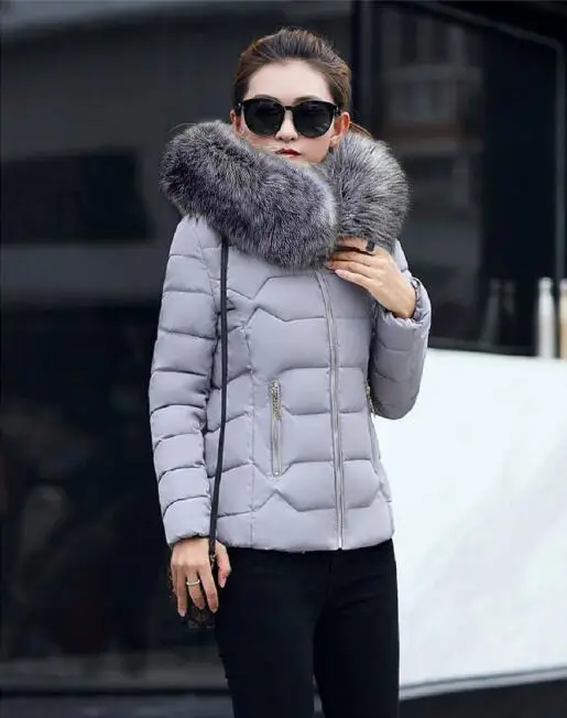Хит! Новая модная зимняя куртка для женщин искусственный мех енота Воротник Зимнее пальто женские парки теплый пуховик женская верхняя одежда - Цвет: gray