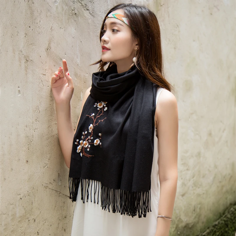 Вышивка Мода кашемировый шарф женские зимние кисточкой теплый цветок пашмины 8