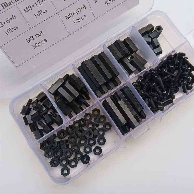 M3 Nylon Black M-F Hex Spacers Screw Nut Assortment Kit Stand off Set Box Nylon Male-Female Standoff 160Pcs