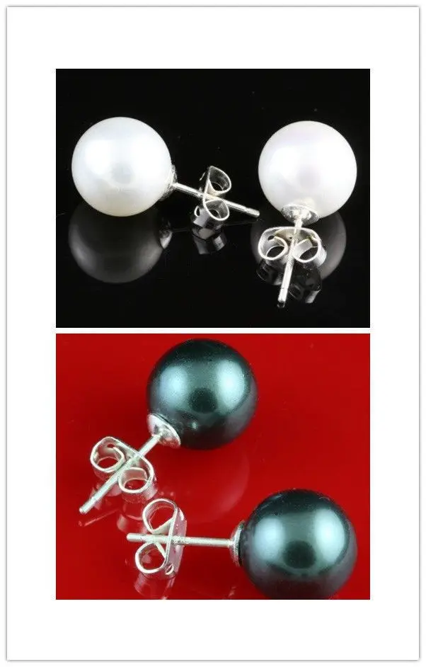 

10mm Blck white south se shell perl silver Stud errings Grde