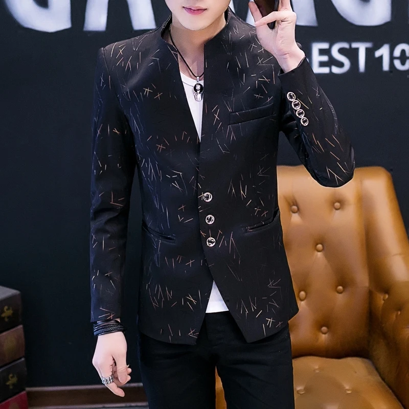 New Design Fashion Mens Suit Jackets Spring Autumn Stand Collar Korean Slim Thin Vertion Mens Printed Small Suit Coats 32 Colors