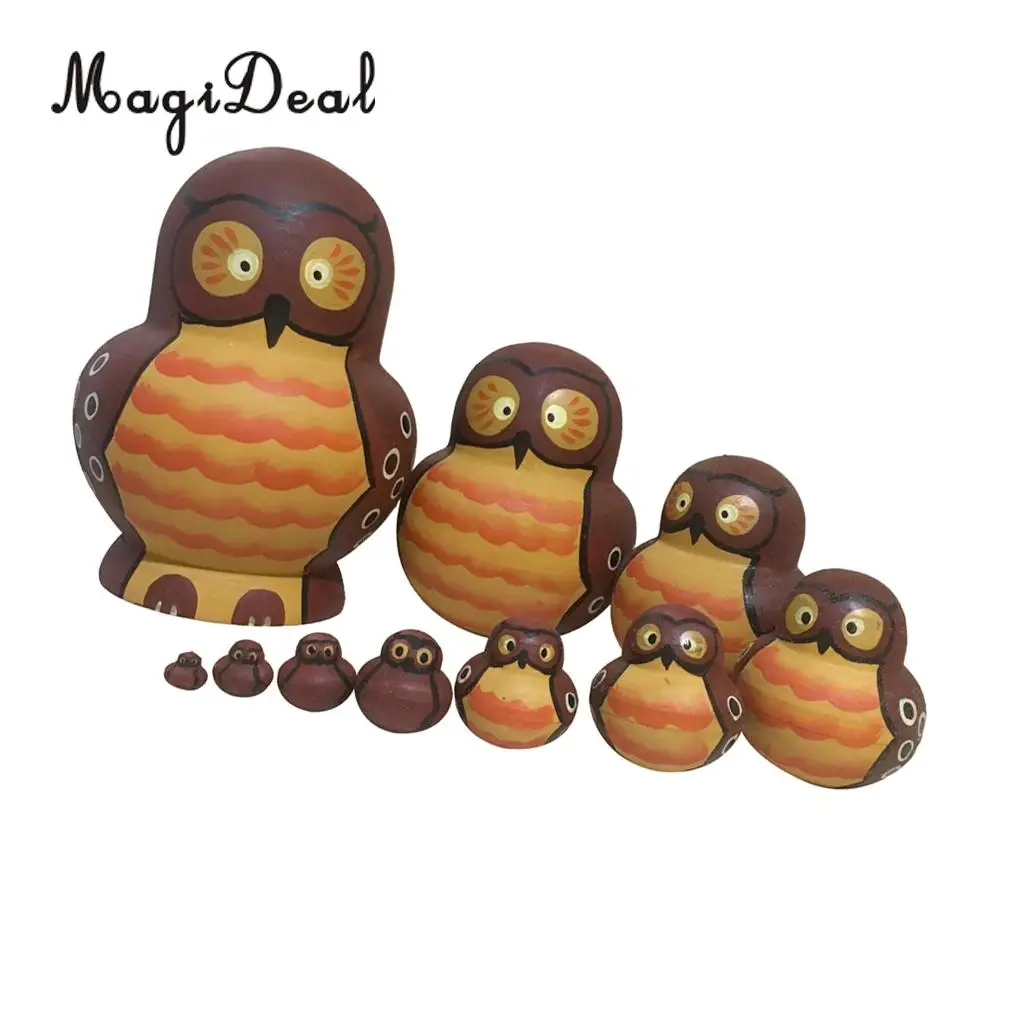 10Pcs Cute Cartoon Brown Owl Handmade Wooden Russian Nesting Dolls Matryoshka Dolls for Children Kids Toys Gift Home Decor