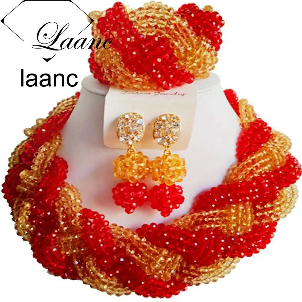 Бренд laanc Золото Шампанское и зеленый ювелирный набор для женщин нигерийские Африканские свадебные бусы ожерелье с кристаллами AL244 - Окраска металла: red gold