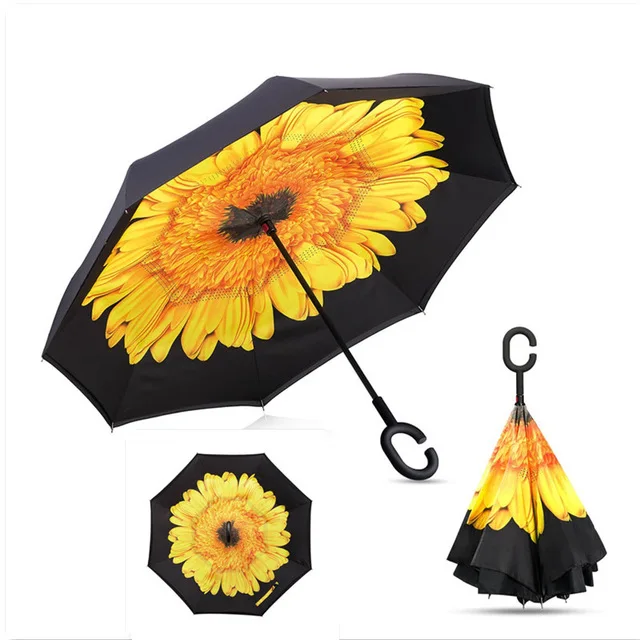 

C-Hook Windproof Reverse umbrella Long Shank Inverted Double Layer Creative Self Stand Rain Protection Umbrella Drop Shipping