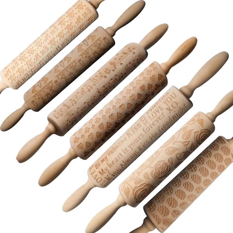35CM Wooden Rolling Pin multi style Printing Embossing Baking Cookies