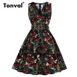 Tonval Многоцветный цветочный принт рокабилли Ретро женская одежда платье с v-образным вырезом 95% хлопок черный Винтаж плиссированные платья
