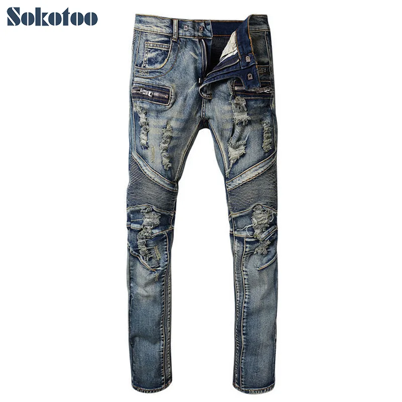 

Sokotoo Men's casual holes ripped biker jeans Large size slim stretch denim pencil pants Motorcycle long trousers