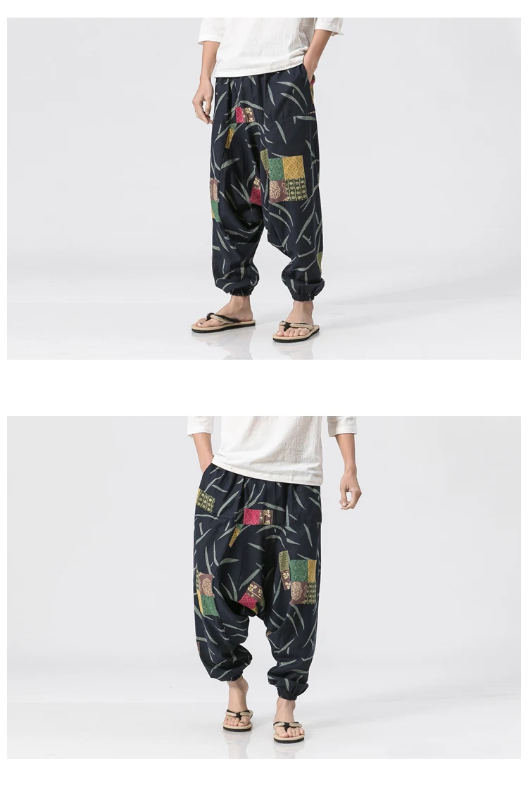 Китайские традиционные широкие брюки летние плюс размер свободное льняное хлопковое Висячие шаровары с принтом уличная национальная