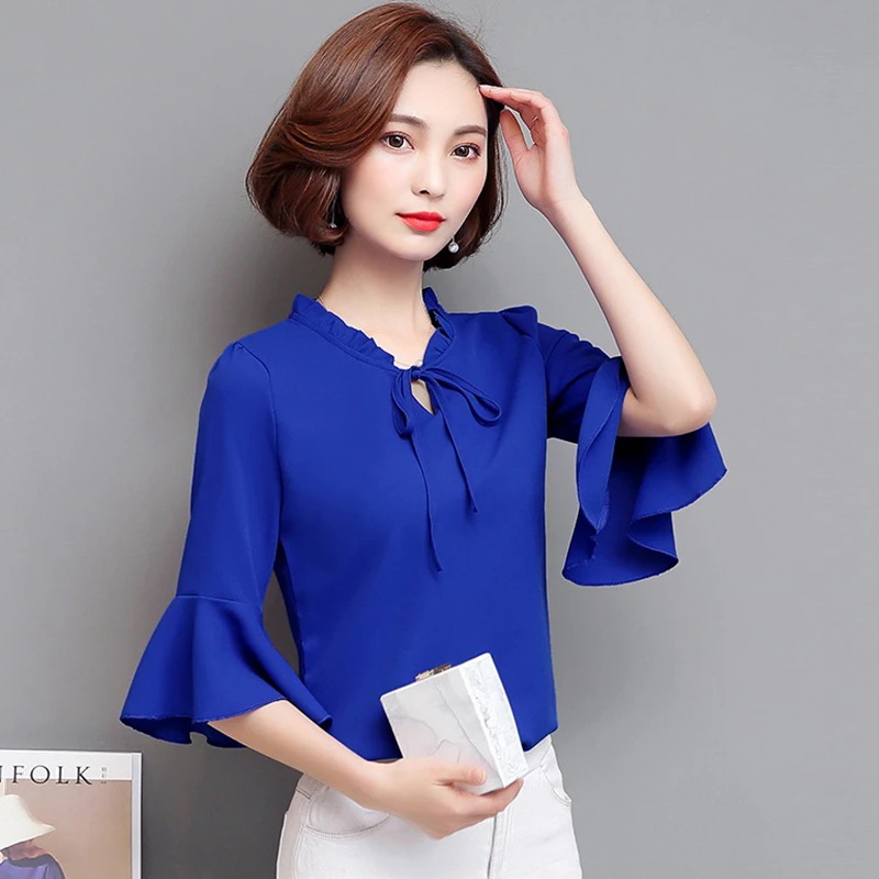 7 Colors Womens Tops And Blouses 2018 Plus Size Flare Sleeve Woman High Quality Ruffle Blouse Chiffon Ladies Office Shirt Blusas | Женская