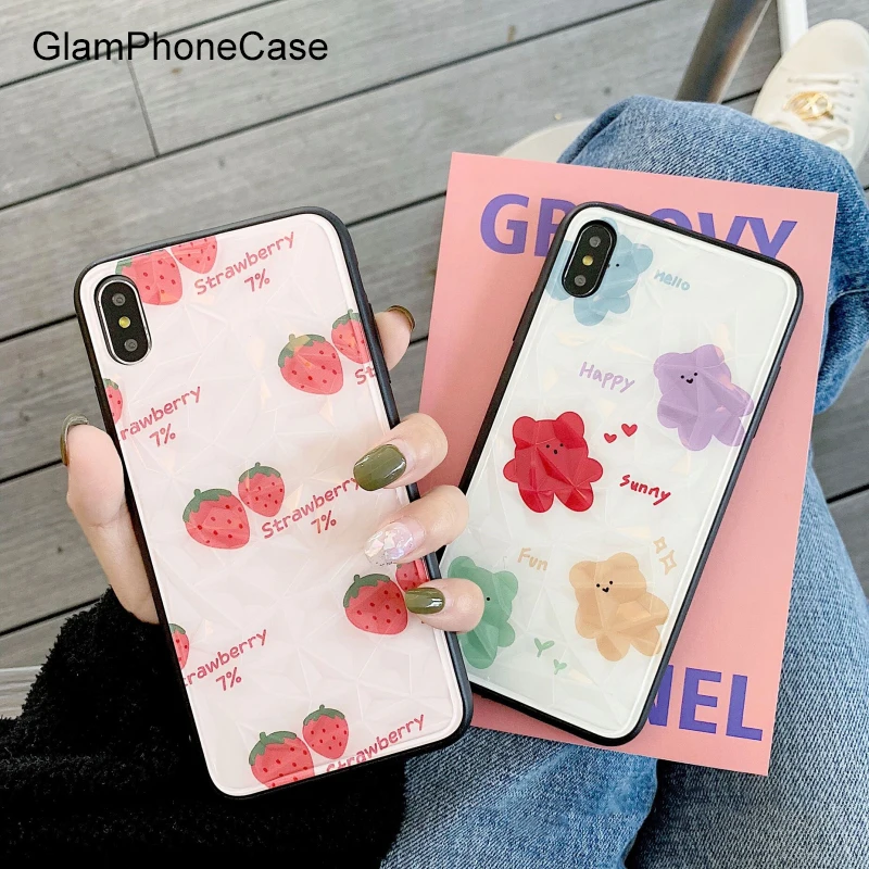 

GlamPhoneCase Diamond Bear Strawberry Phone Case For iPhone X XS Max XR Soft Tpu Cover For iPhone 7 8 6 6s Plus Case Coque Funda