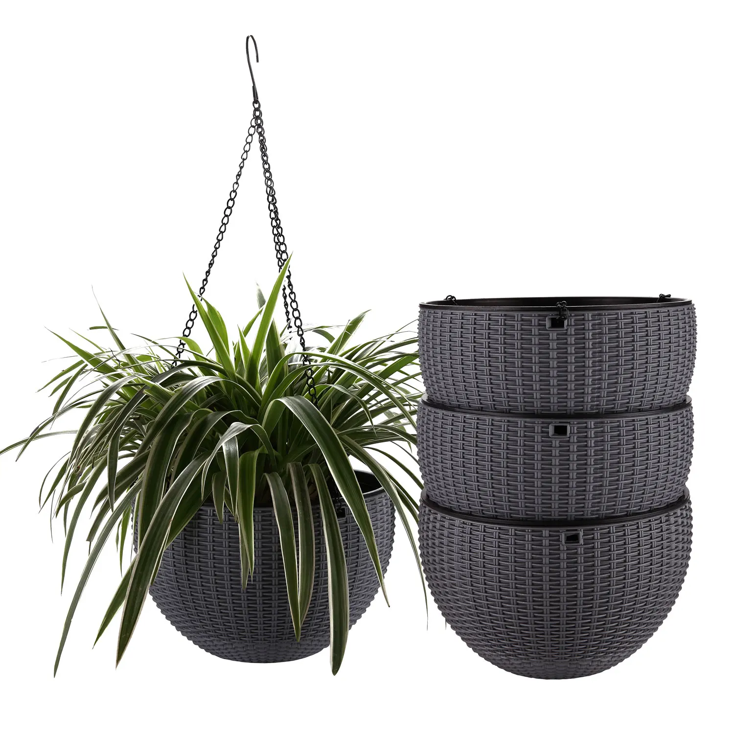 

T4U 10" Self Watering Hanging Planter Basket with Chain Grey Modern Plastic Flower Pot Hanger Round Plant Holder Pack of 4