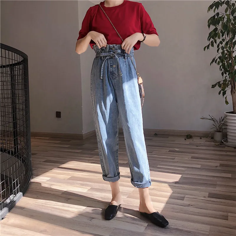 Новая мода леди бутон пояса джинсы Женские однотонные обычные брюки высокая талия студенческие тонкие брюки 8295