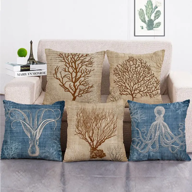 sea coral cushion cover vintage nautical couch chaise throw pillow case