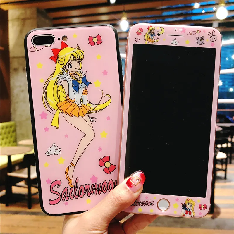 

Sailor moon glass case For iPhone 7 7plus + Tempered Glass Screen film For iphone 8 8plus 6 6s 6Splus Cute cartoon case