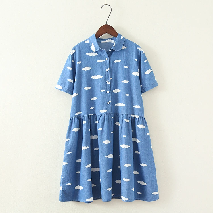 2017 summer sweet clouds print peter pan collar shor sleeve denim dress kawaii mori girl
