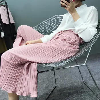 

Fashion Hot New Wide Leg Pants Spring Summer Korean Flower Waist High waist Pleated pants Petals Hem Wild Chiffon Women skirt