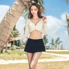 Летний с длинным рукавом v-образным вырезом Топы+ мини-юбка 2 шт./компл. Плавание одежда Для женщин защиты от солнца Плавание одежда серфинг Купальники