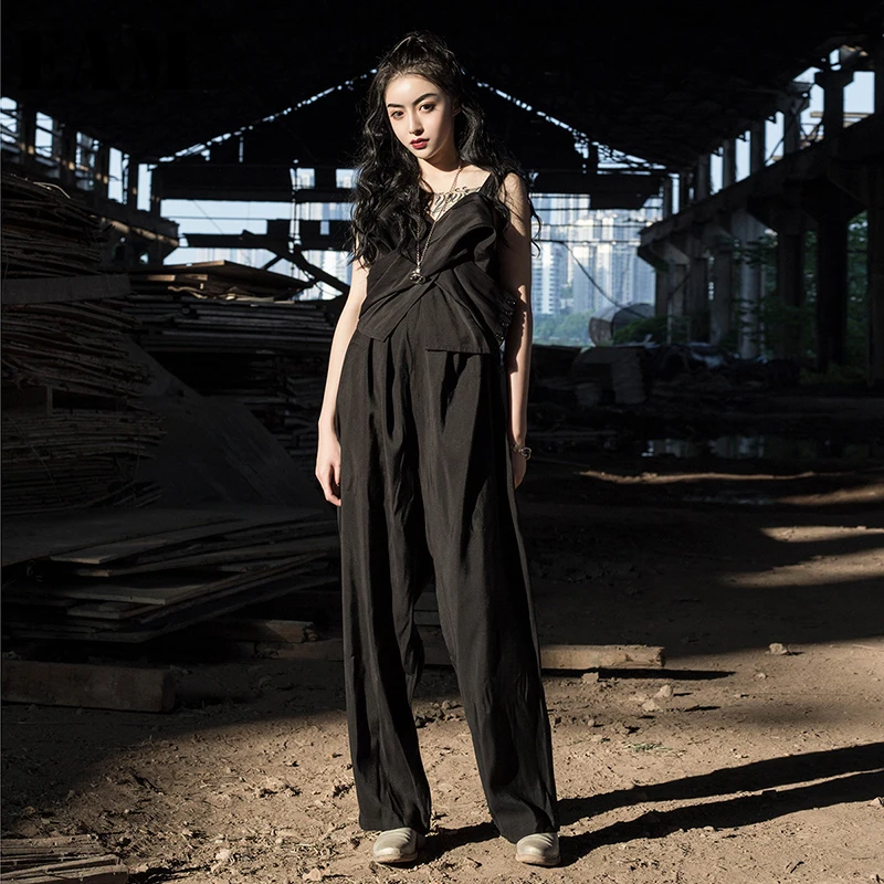 [EAM] 2019 New Spring Summer High Waist Pocket Stitch Fold Split Joint Irregular Loose Pants Women Jumpsuit  Fashion Tide JX166