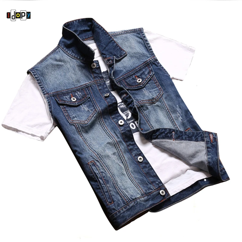 

Idopy Classic Denim Vest Men Slim Fit Sleeveless Jean Jacket Vests Turn-down Outerwear Collar Waistcoat For Men Plus Size M-5XL