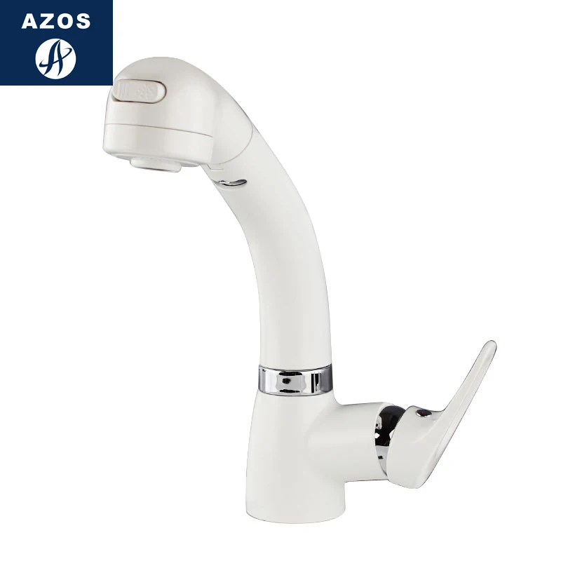 Azos Pull-out Faucet Rotatable Mixing Valve Brass White Cold and Hot Switch Two Function Shower Room Basin Round CLC | Обустройство