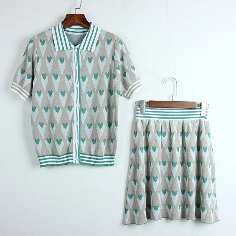 

Two Piece Set Women Short Sleeve Shirt Top And A-line Skirt Suits 2019 Summer Fashion Elegant Runway Knitted mini Skirts Sets