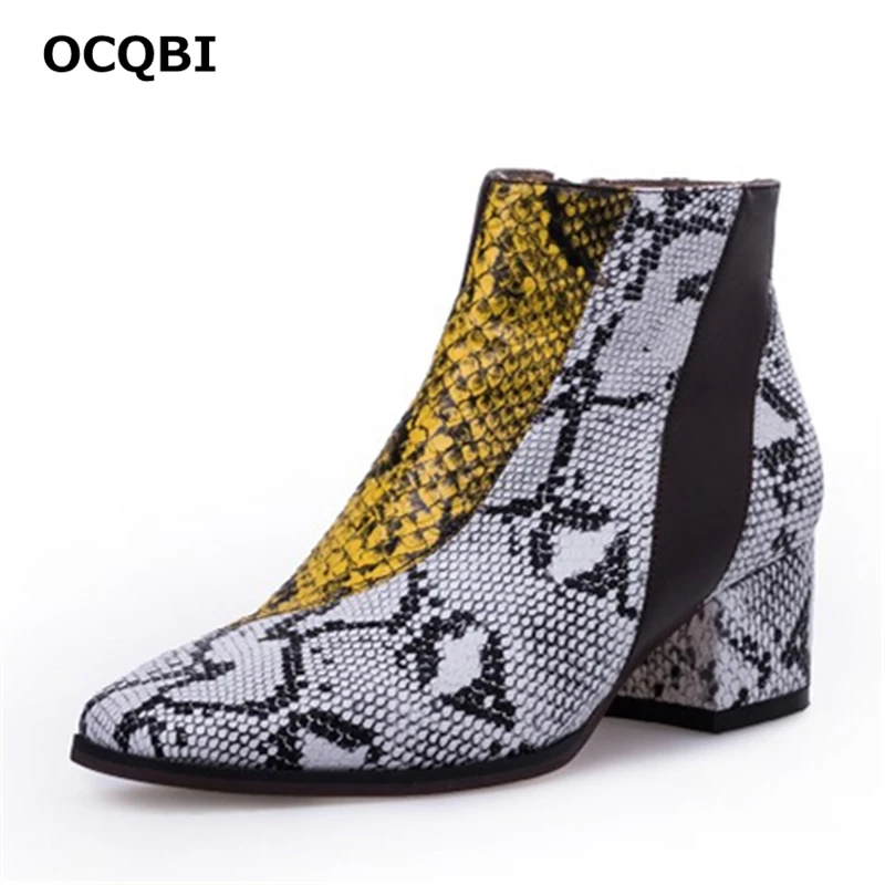 

Ouqinvshen Fashion Mixed Colors Snake Print Boots Zipper Thick Heels Casual Concise High Heels Boots Square Toe Ankle Boots 5cm