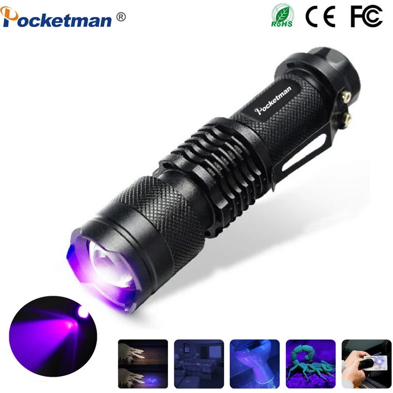 

Portable Mini LED UV Flashlight 395nm Black Light Violet Light UV Blacklight Torch Zoomable Linterna Detector for Dry Pets
