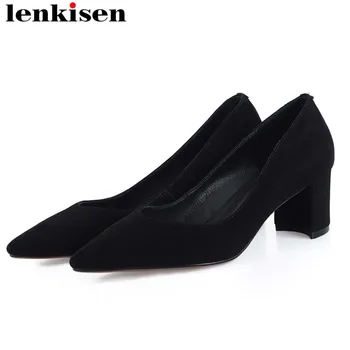 

Lenkisen European designer high heels genuine leather plus size women pumps pointed toe mature career slip on casual shoes L08