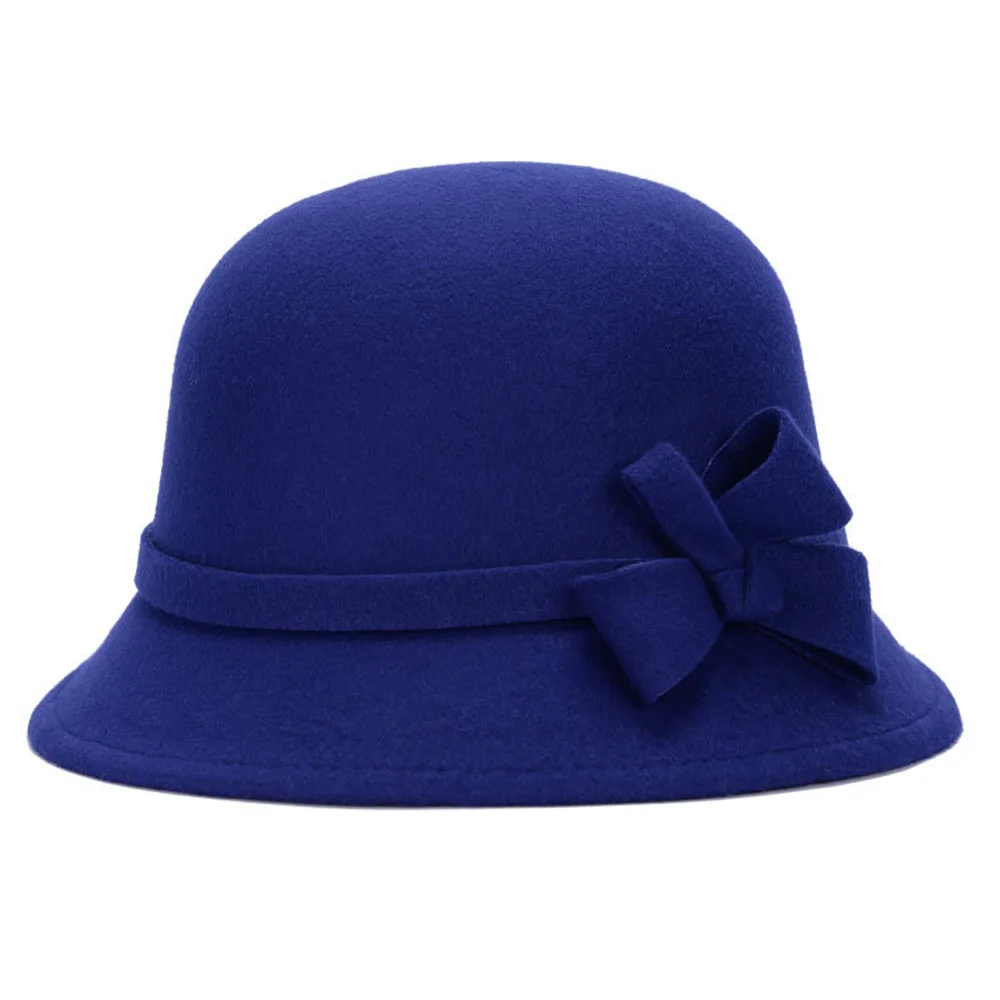 Осенне-зимние винтажные шерстяные шляпы Fedora женские элегантные офисные женские Стильные Теплые мягкие черные Лидер продаж бордовая шляпа с бантом женская - Цвет: Royal Blue