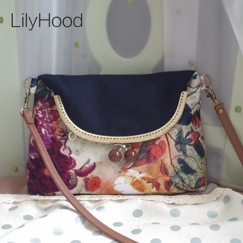 

LilyHood Women Autumn Floral Printing Wool Flap Shoulder Bag China Vintage Retro Chic Envelope Fabric Small Black Crossbody Bag