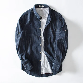 

High quality 2018 Autumn New mens long sleeve striped linen shirts casual mens cotton lapel shirts fashion mens shirts slim tops