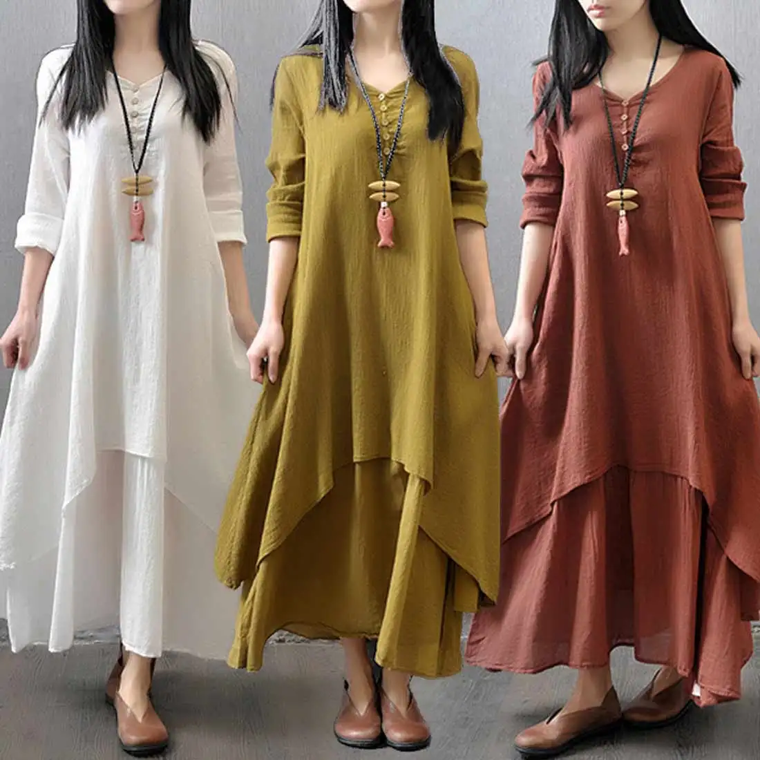 

Cotton Linen White Maxi Dress Women Spring Summer Loose Plus Size Big Hem Robe Beach Style Long Dresses 2XL