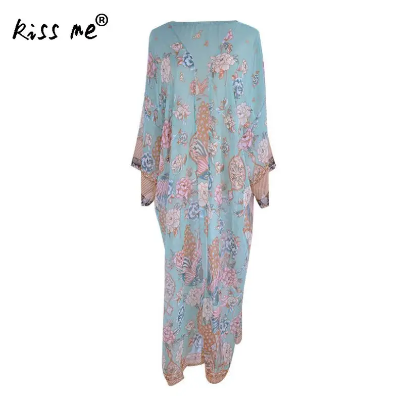 

Floral Chiffon Swimsuit Cover Up Beach Maxi Dress Kaftan Vintage Deep V Sarong Tunic Free Size Elegant Bikini Cover Up Women