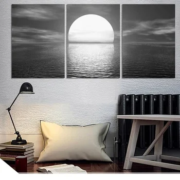 

Full Moon On Sea Nightscape Modern Wall Pictures Black White Seaview HD Decorative Painting Tableau Decoration Murale