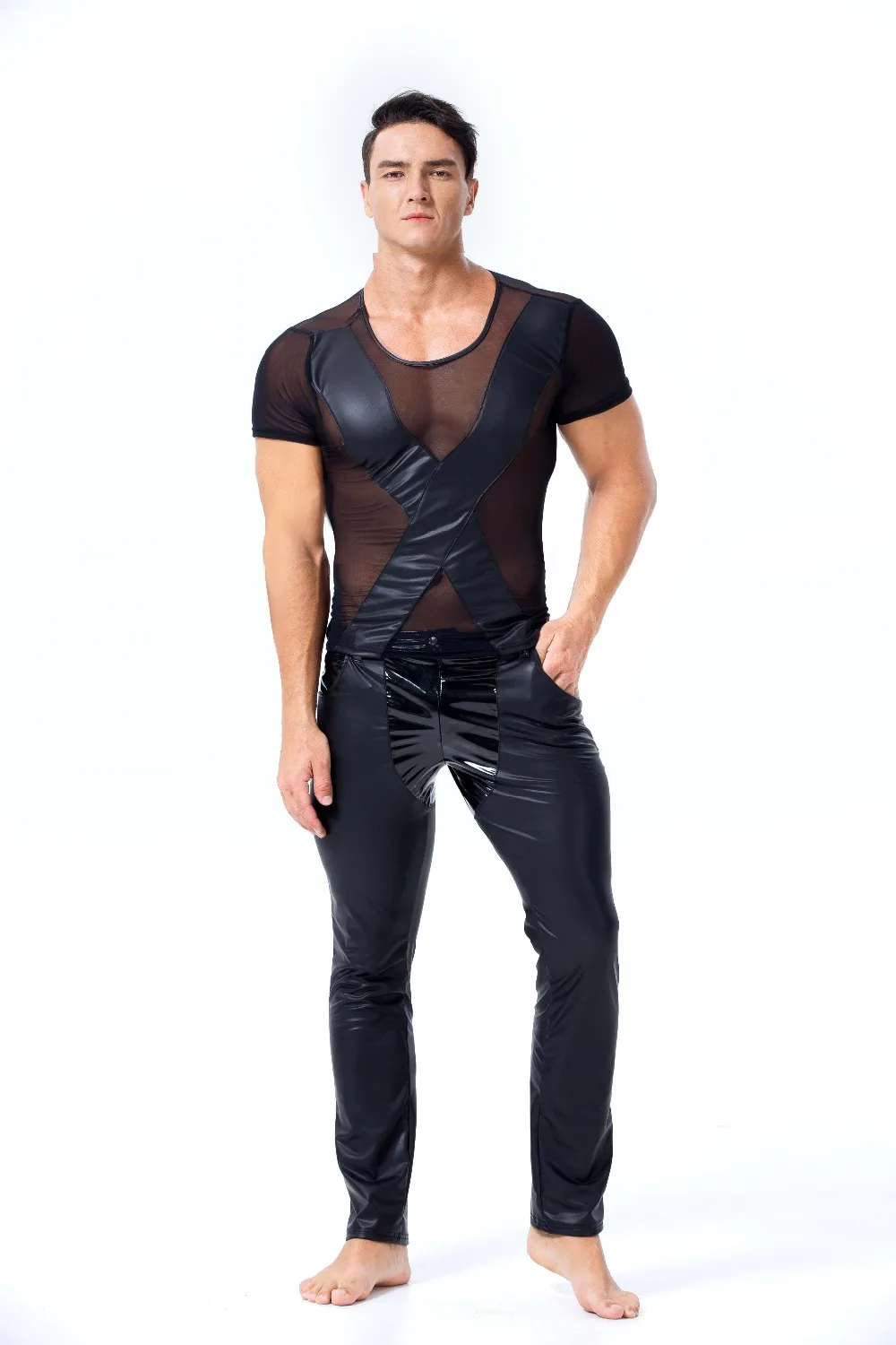 MenFaux Leather Tops Latex Catsuit Masquerade Super man Cosplay Halloween Party Dress Men Zentai Gay Fetish Wear Z6027