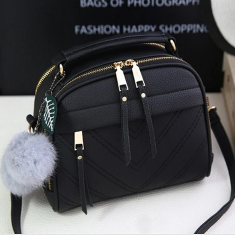 PU Leather Handbag for Women New Girl Messenger Bags with Fair Ball Tassel Fashion Female Shoulder