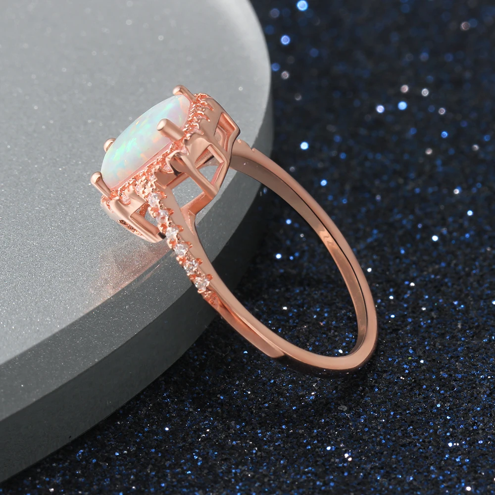 Rectangle Opal With CZ 925 Sterling Silver Women's Ring Rose Gold Color Wedding Engagement Jewelry For Her (JewelOra RI102969)