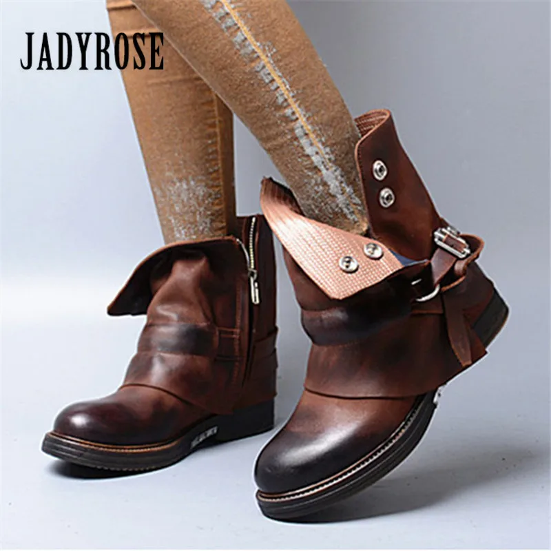 

Jady Rose Brown Women Ankle Boots Female Genuine Leather Short Booties Platform Rubber Riding Boots Straps Flat Botas Mujer