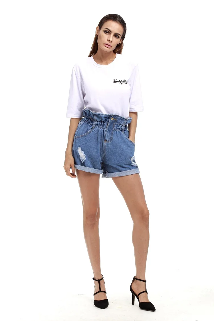 shirred frill trim ripped rolled hem denim shorts