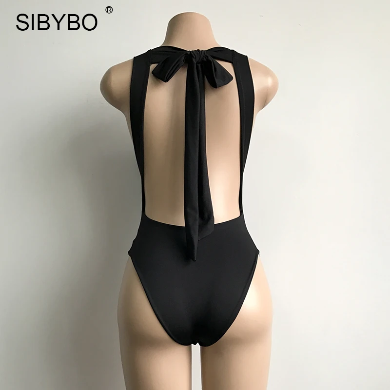 Sibybo 2019 Sexy Chic Backless Bodysuit Women Black / White Deep V Neck Summer Bodycon Bodysuit Rompers Womens Jumpsuit