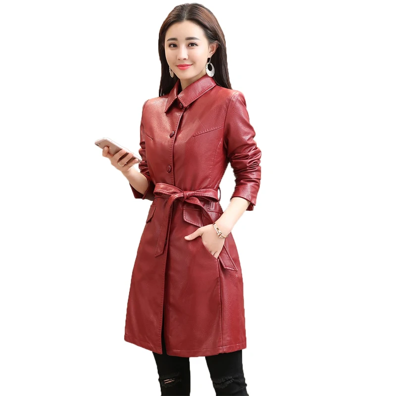 Women Faux Leather Jacket With Belt 2018 Ladies New Washed