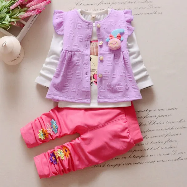 Комплект одежды для маленьких девочек, костюм с длинными рукавами с принтом, год, корейский Детский Повседневный жилет для маленьких девочек+ топ+ штаны, костюм из 3 предметов с героями мультфильмов - Цвет: Фиолетовый