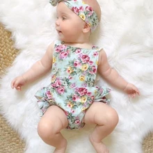 Комплект из 2 предметов, Одежда для новорожденных с цветочным рисунком для маленьких девочек г. летние хлопковые Ползунки с оборками без рукавов, боди для малышей+ повязка на голову, костюм