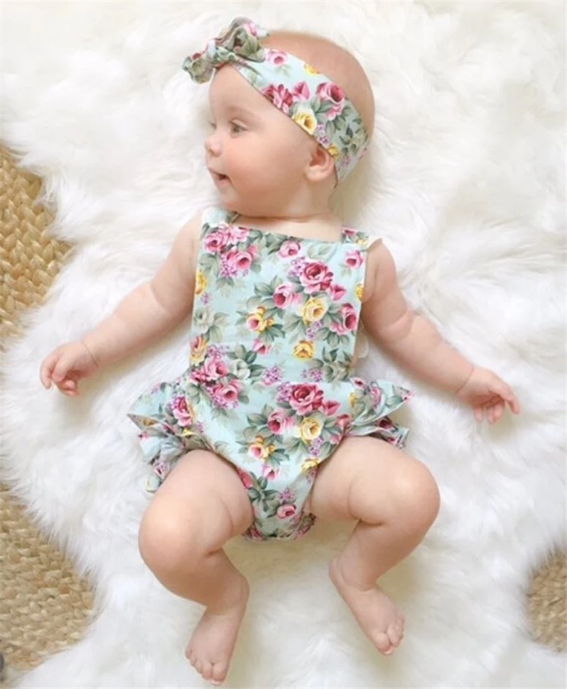 

2PCS Set Newborn Floral Baby Girl Clothes 2018 Summer Sleeveless Cotton Ruffles Romper Baby Bodysuit +Headband Outfits Sunsuit