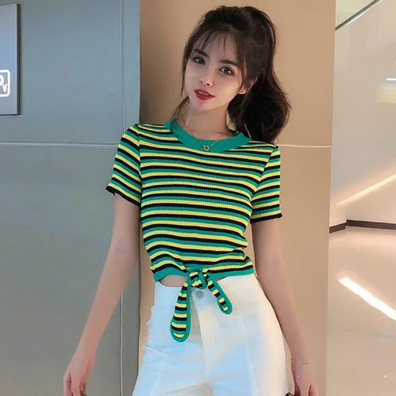 

SWEET stripe o neck bow tie cropped T-shirt new female students short sleeve t-shirts crop tops for woman 2019 summer