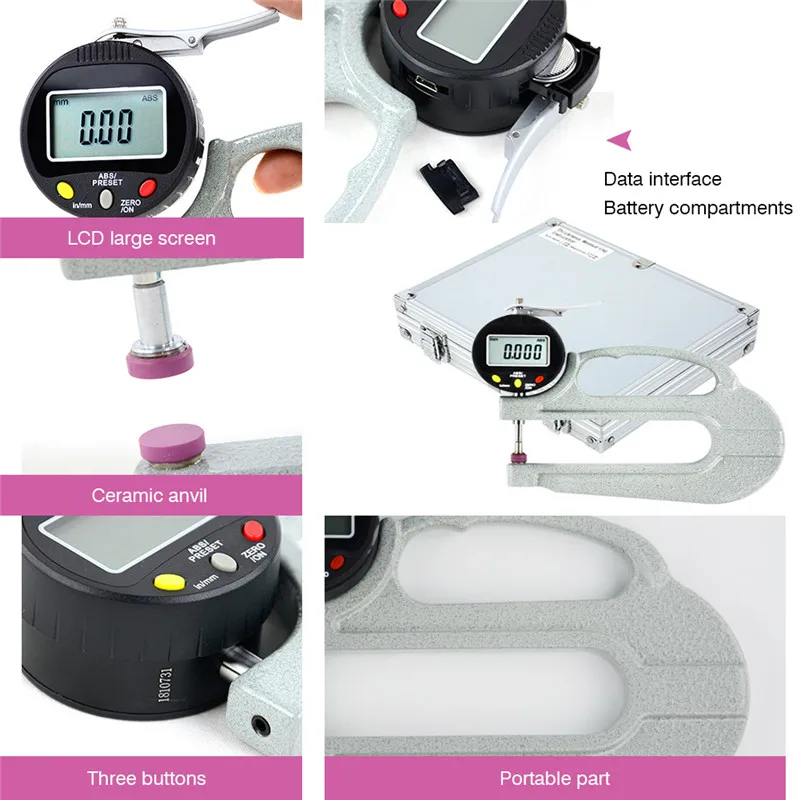 0-10mm Digital Thickness Gauge Electronic Leather Film Paper Plate Thickness Meter Tester 0.001mm Resolution Long Handle Measure (8)