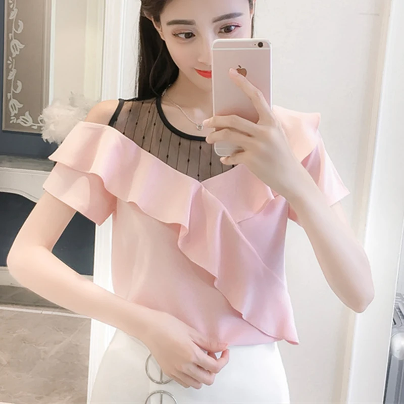 

Womens Tops and Blouses White Chiffon Blouse Ladies Ruffles Sexy Mesh Korean Fashion Clothing Pink Blusas Femininas Elegante