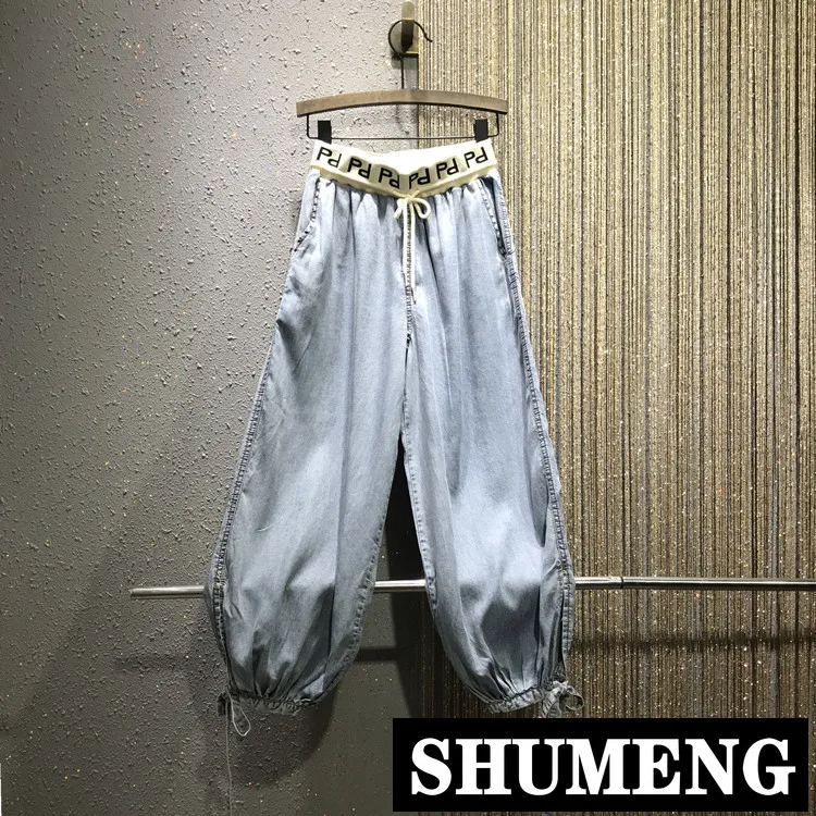 

Europe 2019 Summer New Women's High Waist Loose Pants Large Size Female Cowboy Trousers Denim Harem Pants