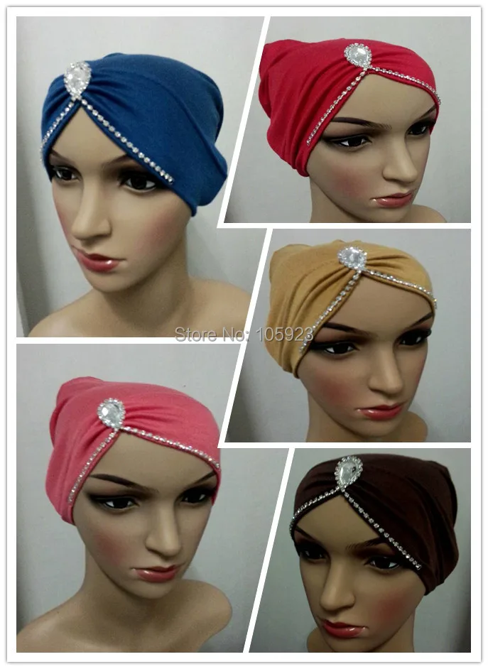 new underscarf tube pleated with crystal chain soft cotton head wrap inner chemo underscarf
