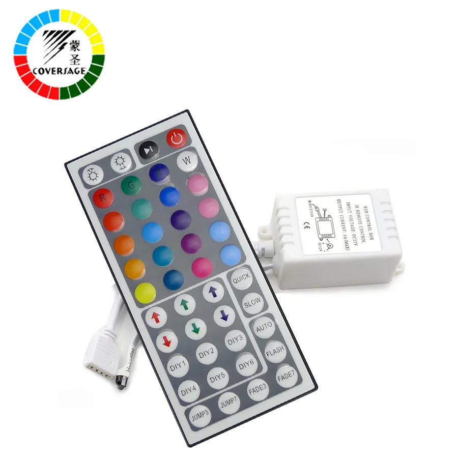 

Coversage RGB Controller LED controller 44 key IR Remote Control + Controller Applicable to 3528 or 5050 RGB LED strip